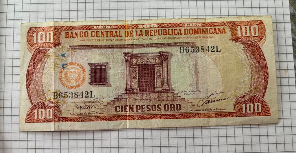 100 Pesos République Dominicaine 1993, Timbres & Monnaies, Billets de banque | Amérique, Enlèvement ou Envoi, Amérique centrale