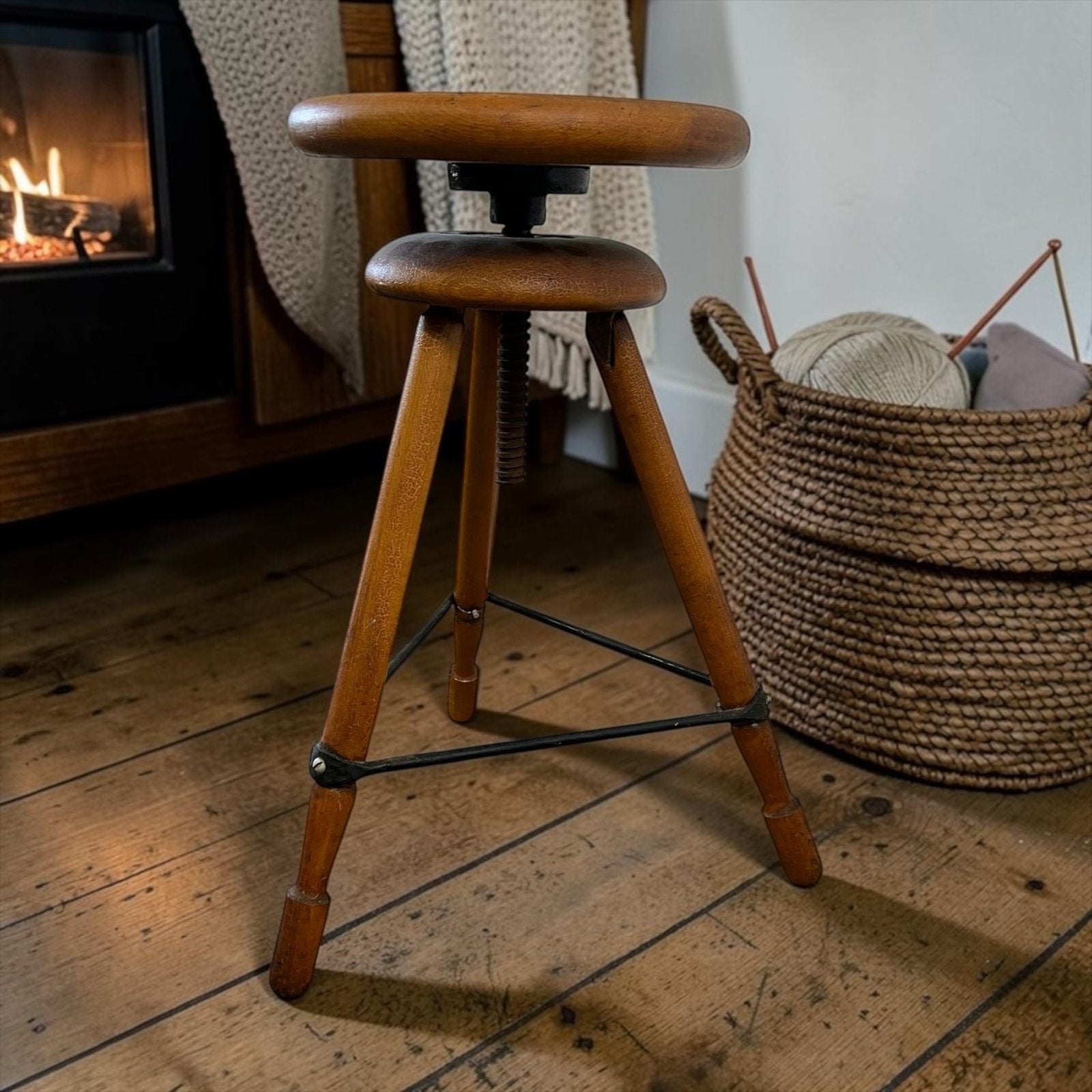 Vintage industriële houten atelier kruk / stool / werkkruk, Verzenden, Gebruikt, Hout