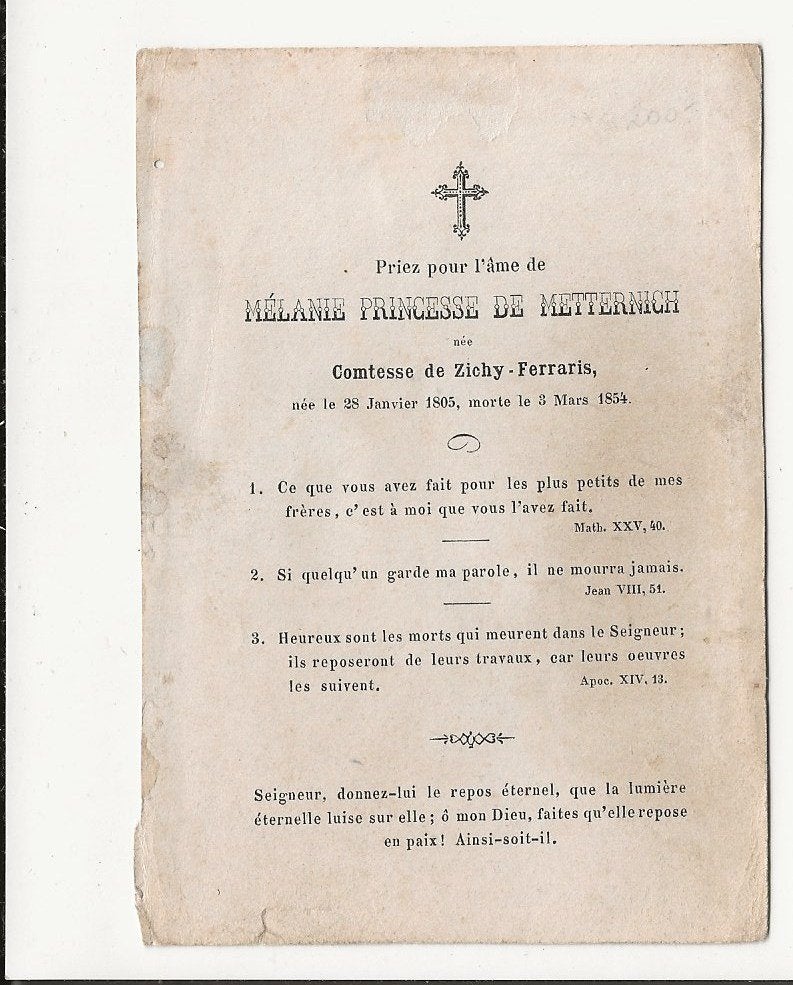 doodsprentje 1854 adel melanie prinses metternich, Ophalen of Verzenden, Bidprentje
