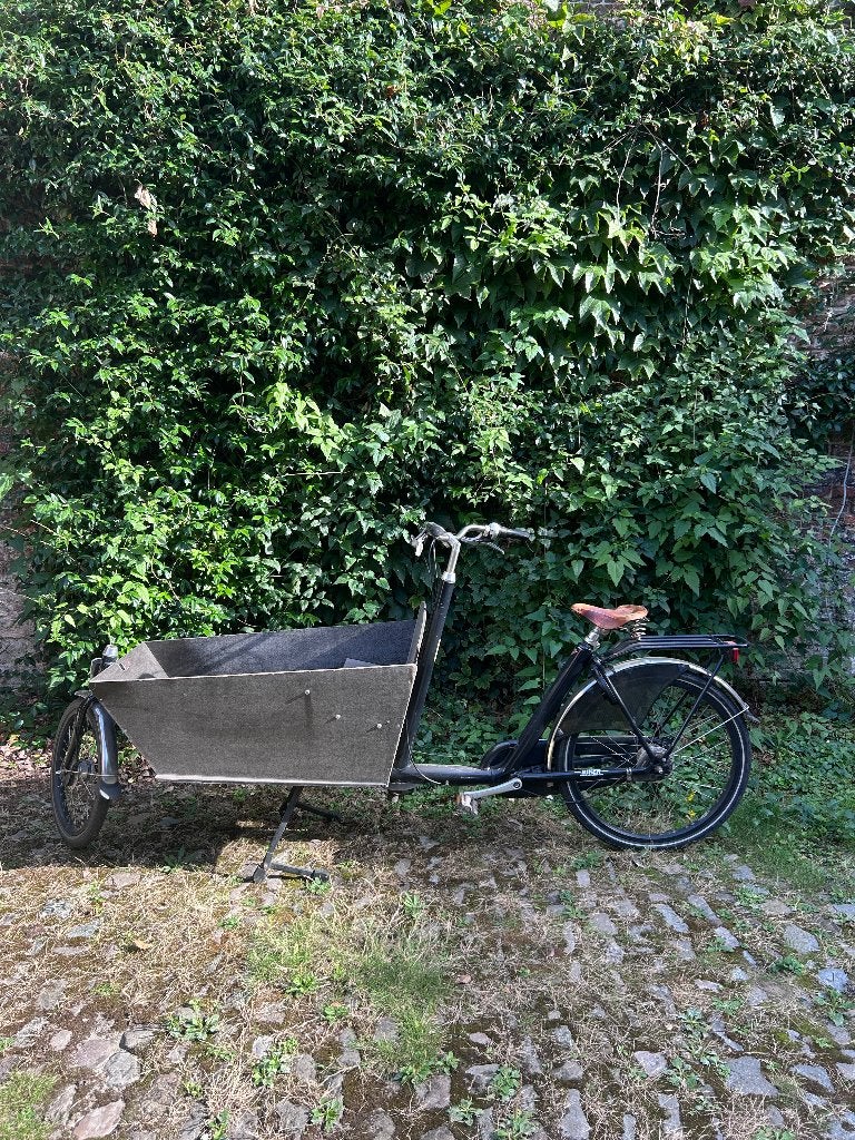 Zwarte niet-elektrische cargo-bike inclusief regencover, Gebruikt, Elektrisch, 2 kinderen, Trommelrem