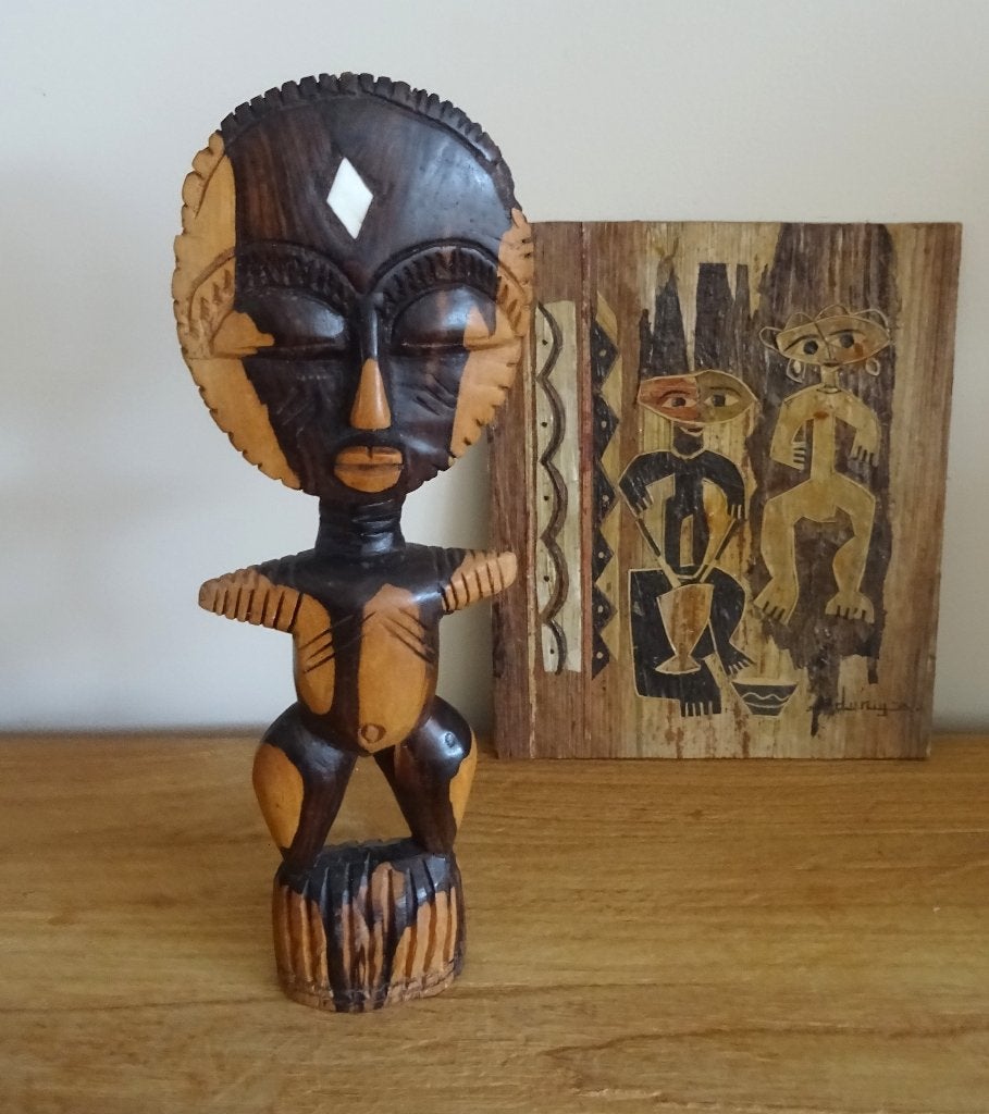 Ghana, Ashanti Akua'ba vruchtbaarheidsbeeldje met inlegwerk, Hout, Bruin, Afrika, Ophalen of Verzenden