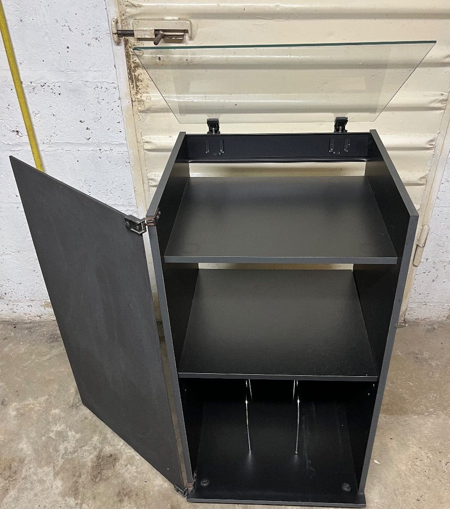Meuble Hi-Fi vintage noir avec plateau vitré relevable, Enlèvement, Utilisé
