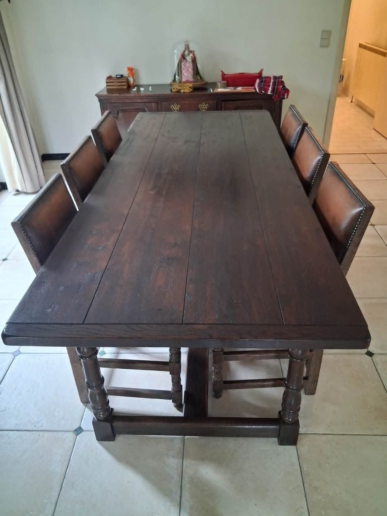 stijlvolle grote eiken tafel en 6 lederen stoelen in Temse, Ophalen, Eikenhout, 200 cm of meer, 50 tot 100 cm