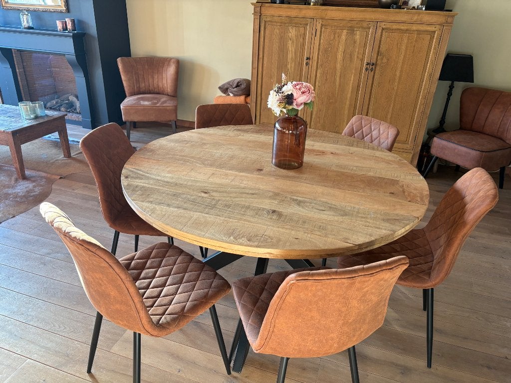 Ronde eet tafel mangohout, Enlèvement, Utilisé, Cinq personnes ou plus, Rond