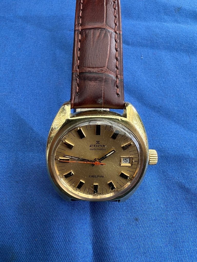 Edox Automatic Delfin Vintage Herenhorloge, Handtassen en Accessoires, Horloges | Heren, Overige materialen, Leer, Polshorloge