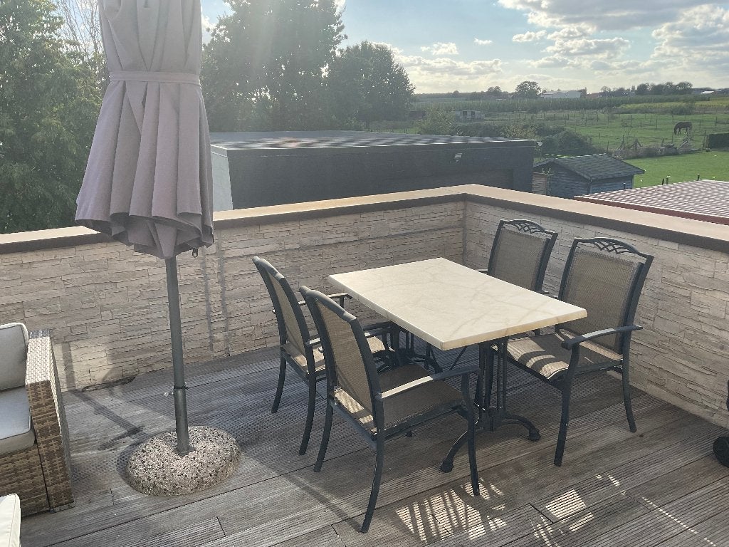 Tuintafel + 4 stoelen, Jardin & Terrasse, Inox, Enlèvement, Utilisé, Rectangulaire