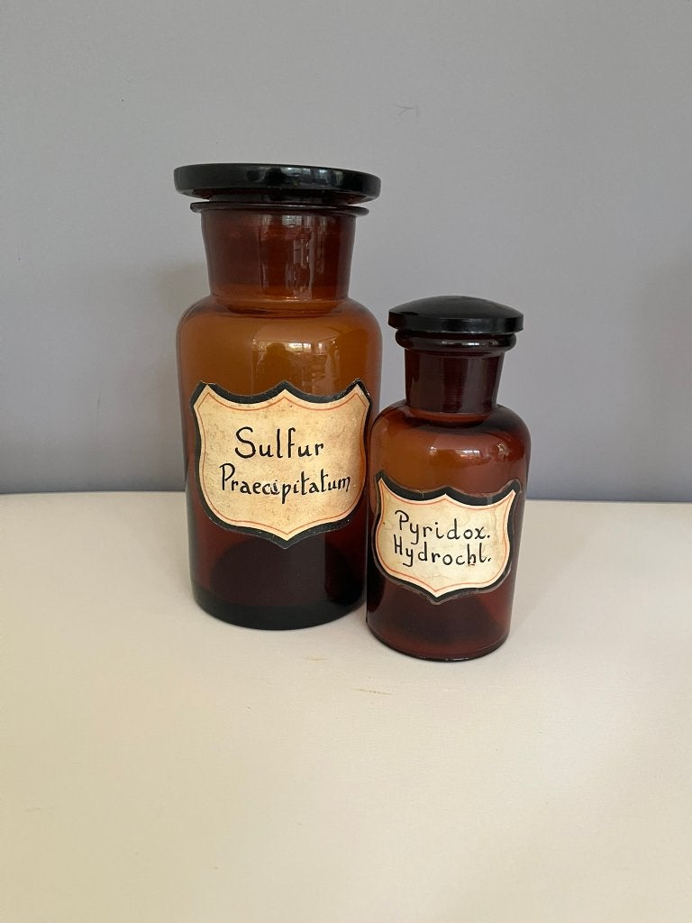 2 pots à pharmacie vintage ambre étiquettes décoration rétro, Enlèvement ou Envoi, Maison et Meubles