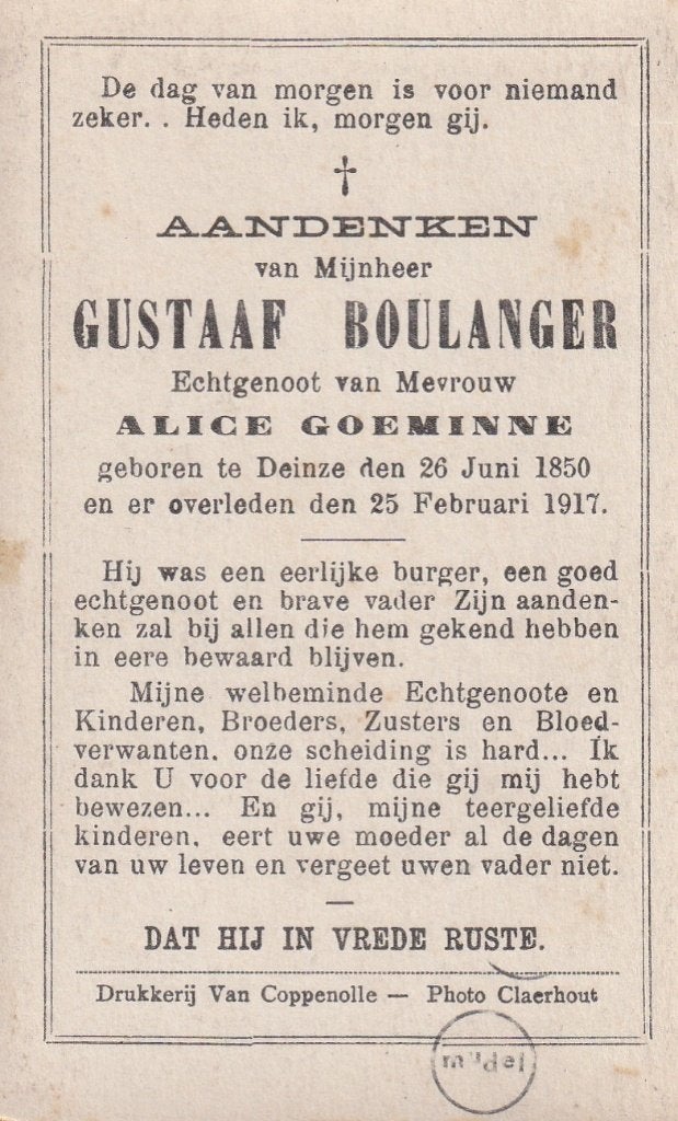 40 / B P FOTO DEINZE BOULANGER 1850 - 1917, Verzamelen, Ophalen of Verzenden, Bidprentje