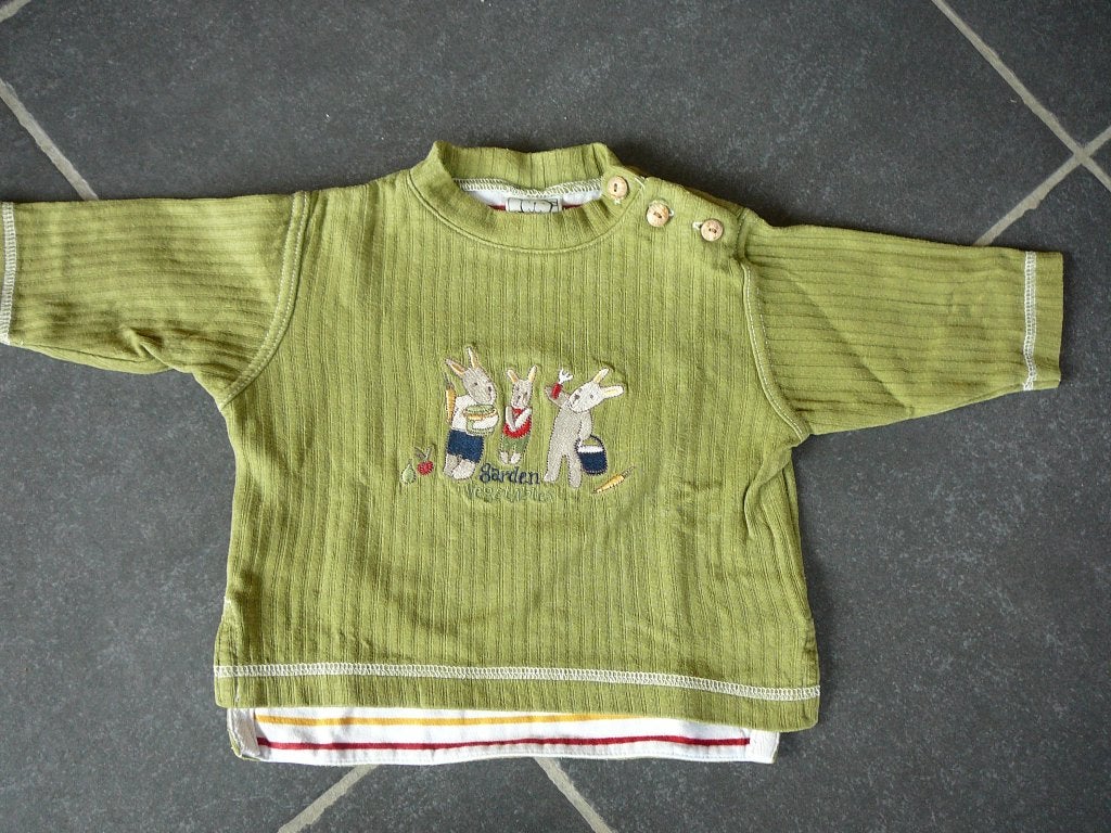 groene trui met drie konijntjes, Kinderen en Baby's, Babykleding | Maat 68, Gebruikt, Jongetje of Meisje, Truitje of Vestje, Ophalen of Verzenden