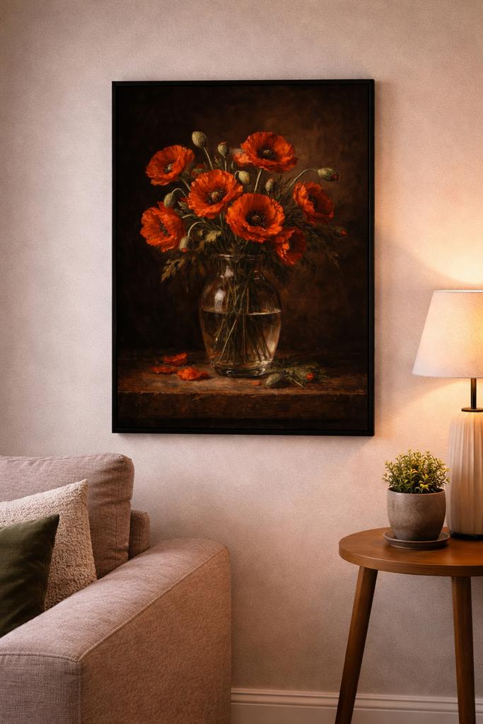 Toile Poppies Still Life 60x90 cm — avec cadre noir, Enlèvement ou Envoi