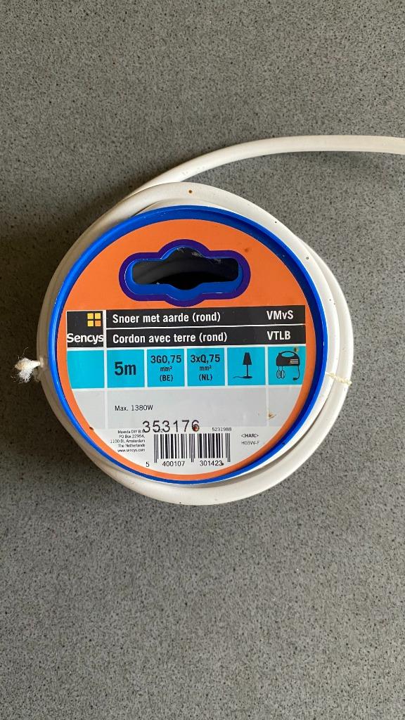 Sencys stroomkabel vtlb 5m 3x0,75 mm² wit, Doe-het-zelf en Bouw, Elektriciteit en Kabels, Ophalen of Verzenden, Nieuw, Kabel of Snoer
