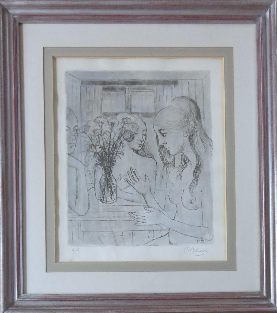 PAUL DELVAUX / LES OEILLETS / ZW-W ETS / 83x74cm / KADER SIG, Ophalen