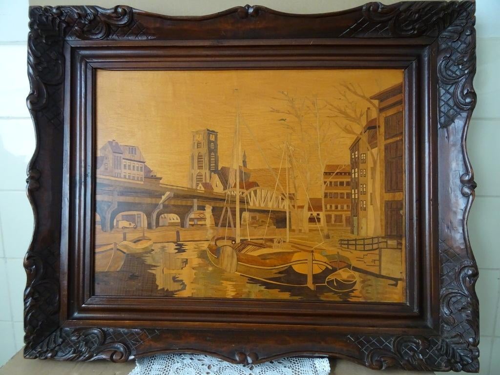 Peinture sur bois incrustée Rotterdam 78x63cm Intarsia 1948, Enlèvement ou Envoi