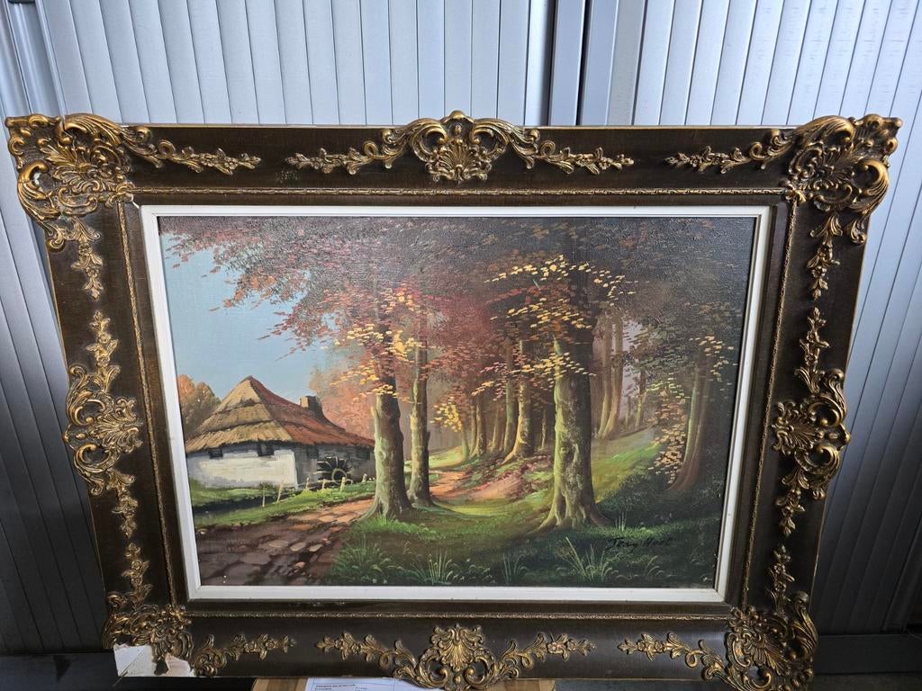 Schilderij bos met huis getekend Jean Noel in kader 90x69, Antiek en Kunst, Kunst | Schilderijen | Klassiek, Ophalen of Verzenden