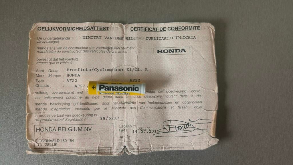 Gelijkvormigheidsattest honda vision, Ophalen of Verzenden