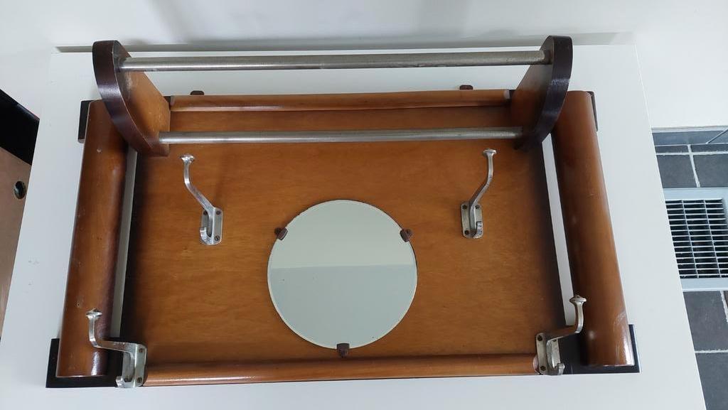 Art Deco houten wandkapstok met rond spiegeltje, Enlèvement ou Envoi, Utilisé, Portemanteau mural