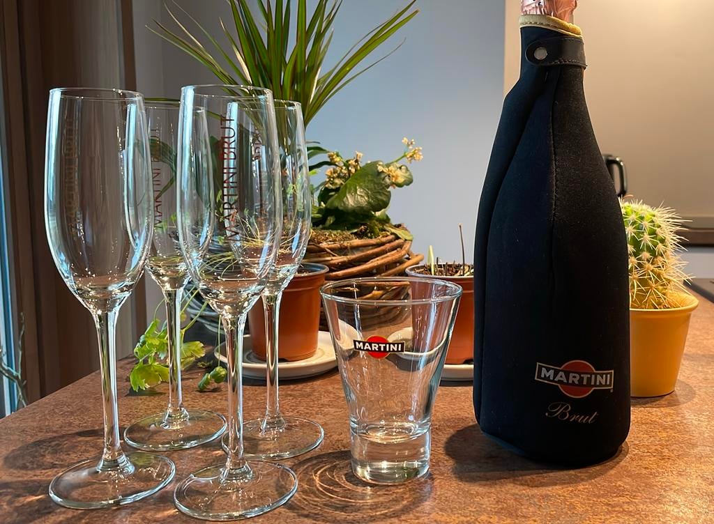 Martini (Brut) glazen + koelhouder, Verzamelen, Ophalen, Zo goed als nieuw