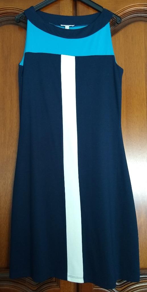 Wit-kobalt-blauw kleed met witte streep, PTC, maat M, Overige kleuren, Zo goed als nieuw, Knielengte, PTC
