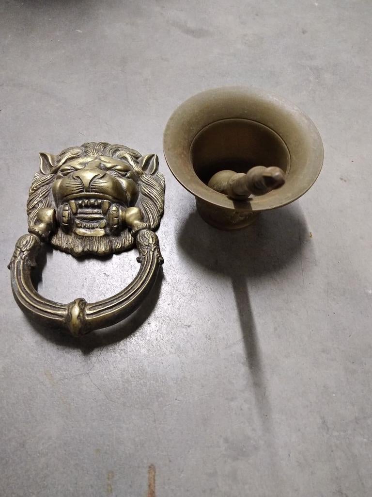 Oude messing mortel en deurklink, Antiek en Kunst, Ophalen of Verzenden