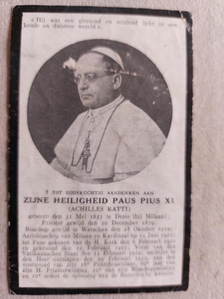 Bidprentje  Paus Pius XI  1939, Verzamelen, Bidprentjes en Rouwkaarten, Ophalen of Verzenden, Bidprentje