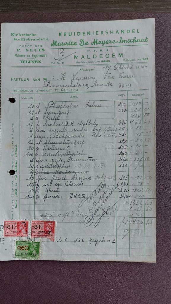 Oude factuur 1941. Kruideniershandel De Meyere Maldegem, Enlèvement ou Envoi, Comme neuf