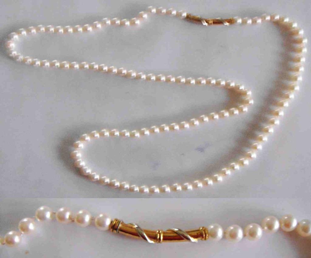 Collier perles de culture 94 cm gros fermoir or 18K bicolore, Enlèvement, Neuf, Or, Or
