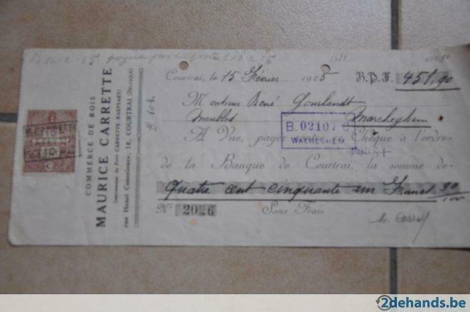 Bankcheque 1925 Maurice Carette Courtrai, Verzenden