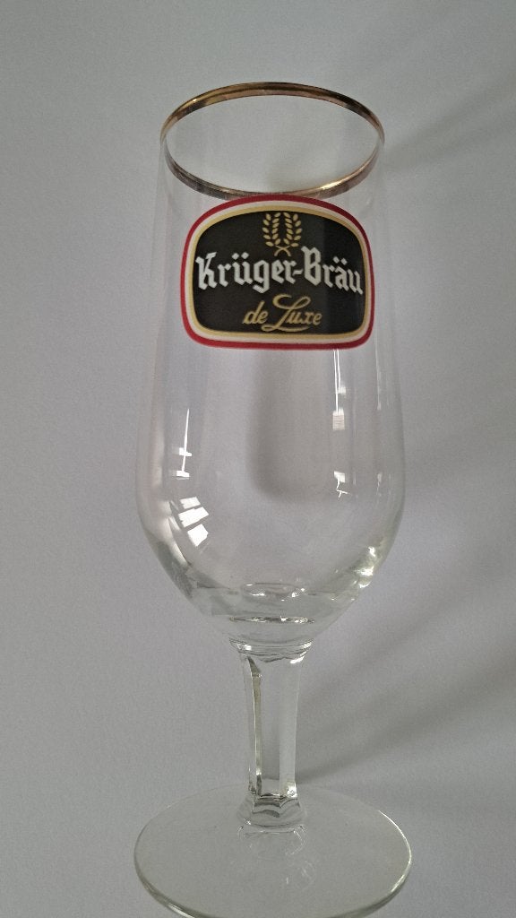 Vintage Krüger-Bräu de Luxe bierglas op voet (8 stuks), Ophalen of Verzenden, Zo goed als nieuw, Bierglas