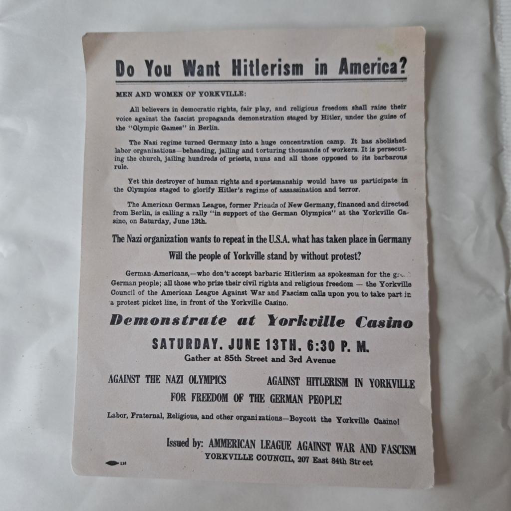 Anti-Hitler pamflet Yorkville 1936

Historisch Engelstalig, Verzamelen, Militaria | Tweede Wereldoorlog, Ophalen of Verzenden