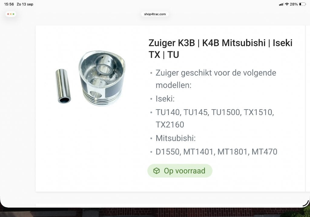Zuigers Iseki TX 155, Ophalen, Nieuw