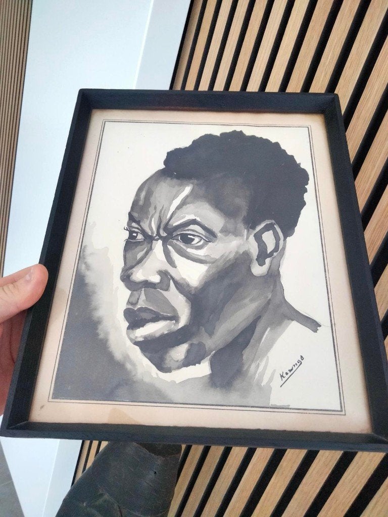 Vintage aquarel kunst tribal Afrika gesigneerd schilderij, Antiquités & Art, Tableau, Enlèvement ou Envoi, Autres matériaux, Afrique