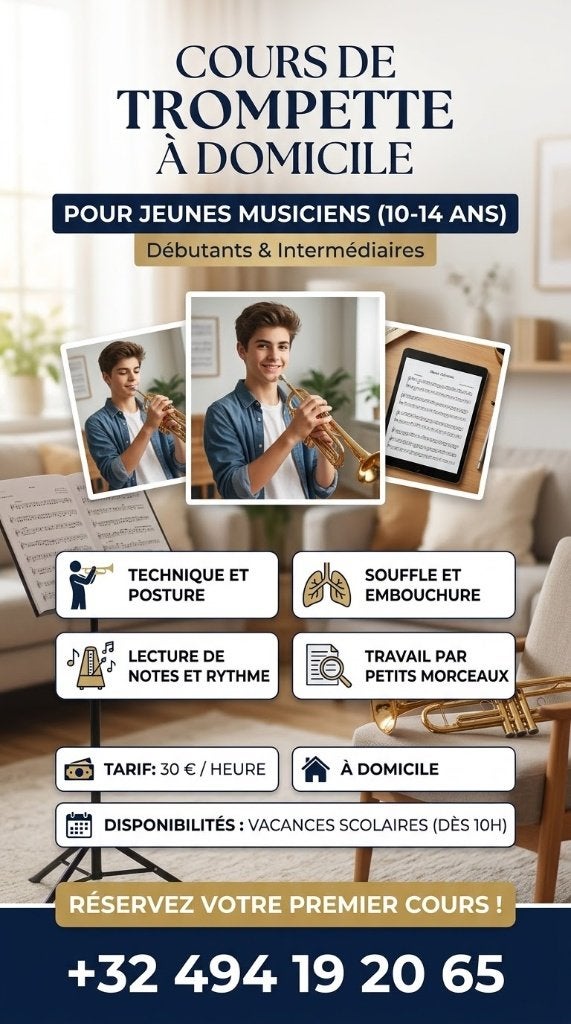 Cours de trompette à domicile (10-14 ans) - Anderlecht, Muziek en Instrumenten, Ophalen of Verzenden, Nieuw, Es-trompet
