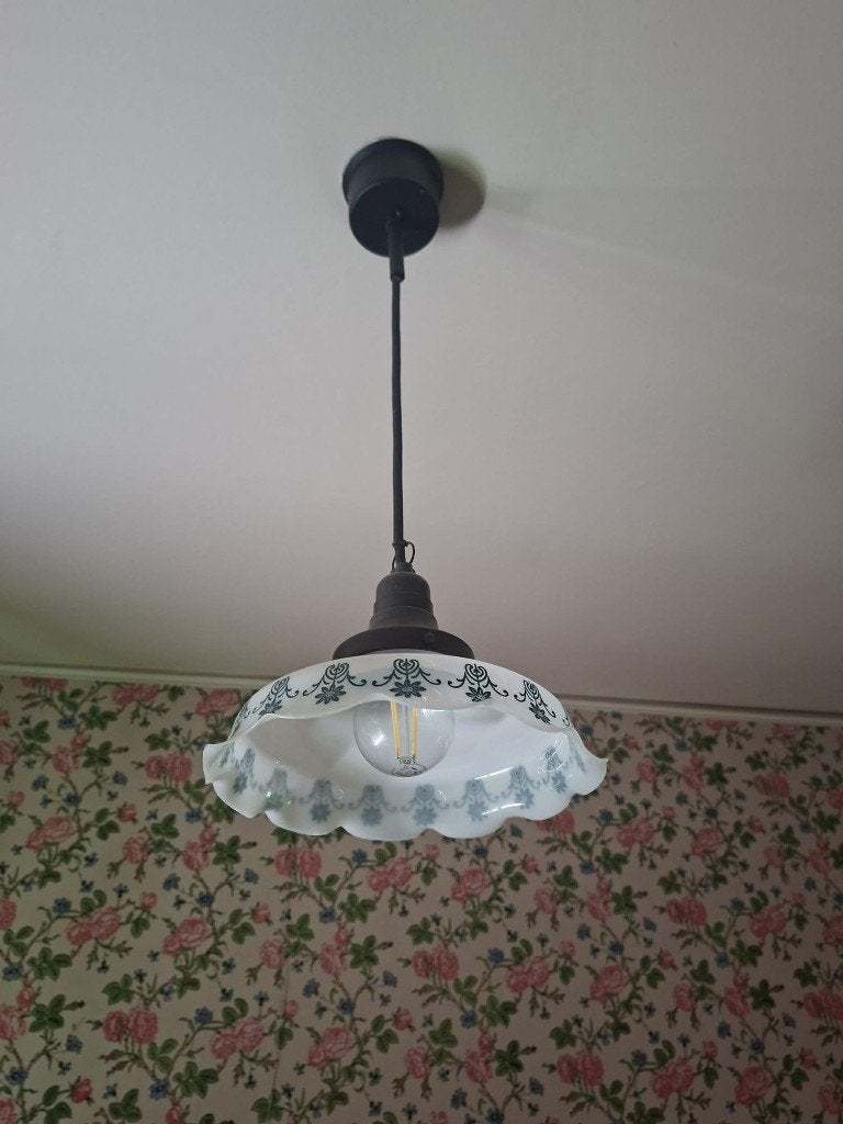 Retro hanglamp met decoratieve glazen kap, Ophalen, Gebruikt, Glas, Vintage