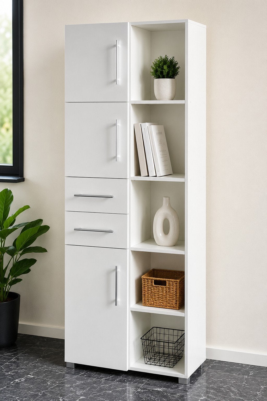 Meuble de rangement blanc – Portes, tiroirs & étagères