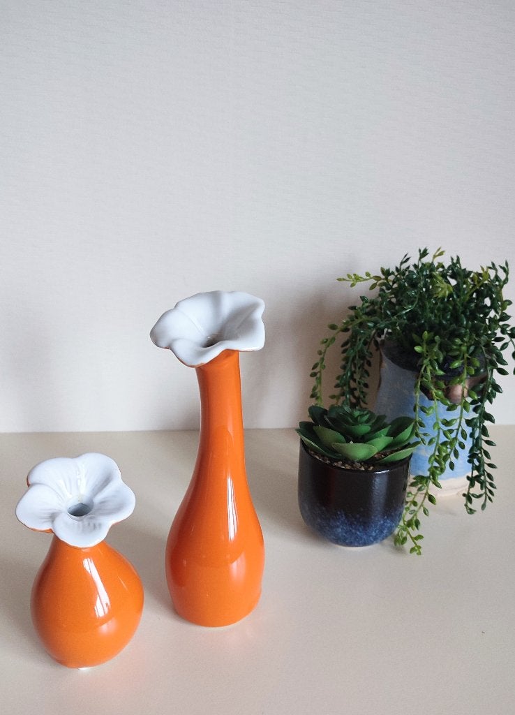 Duo soliflore vaasjes, keramiek, Oranje, Ophalen of Verzenden, Zo goed als nieuw, 20 cm
