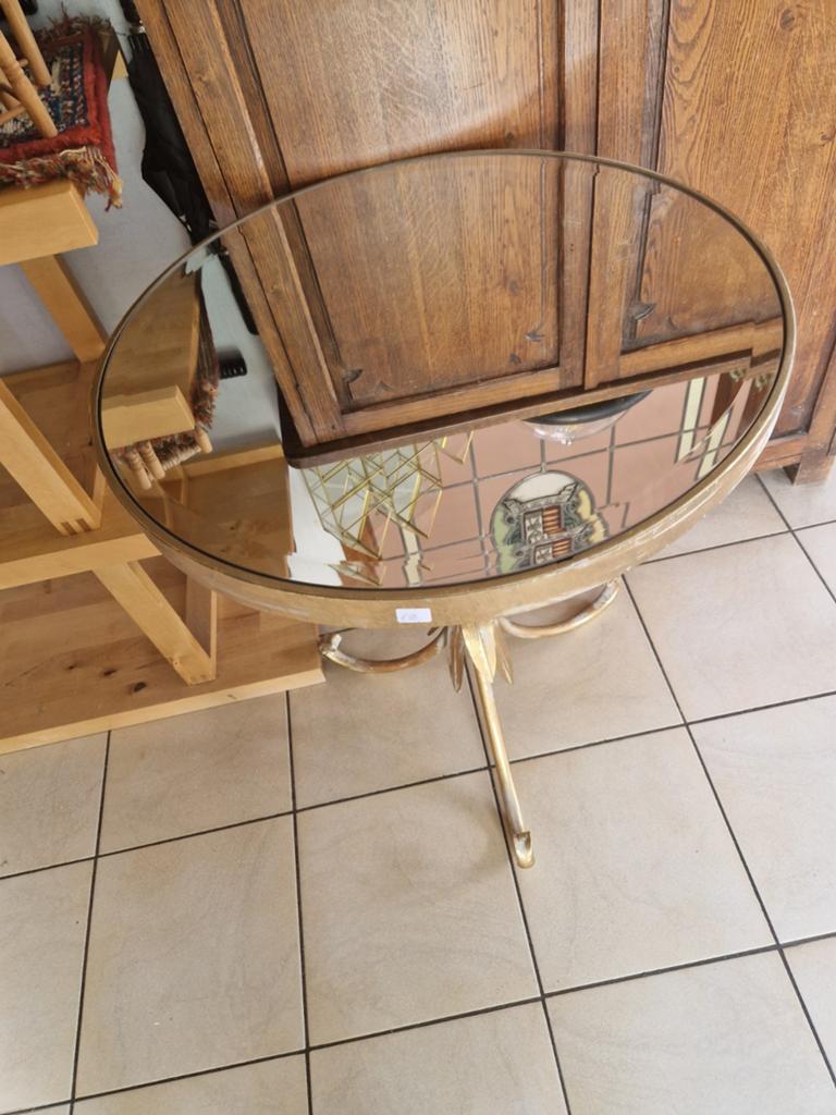 Table ronde bois+métal+verre 58/70cm €85, Enlèvement