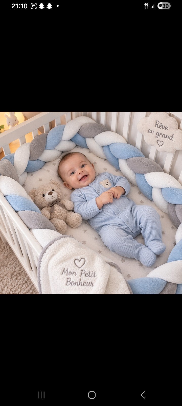 Tour de lit tressé bébé – Blanc, bleu et gris – Décoration c, Envoi, Neuf, Lit