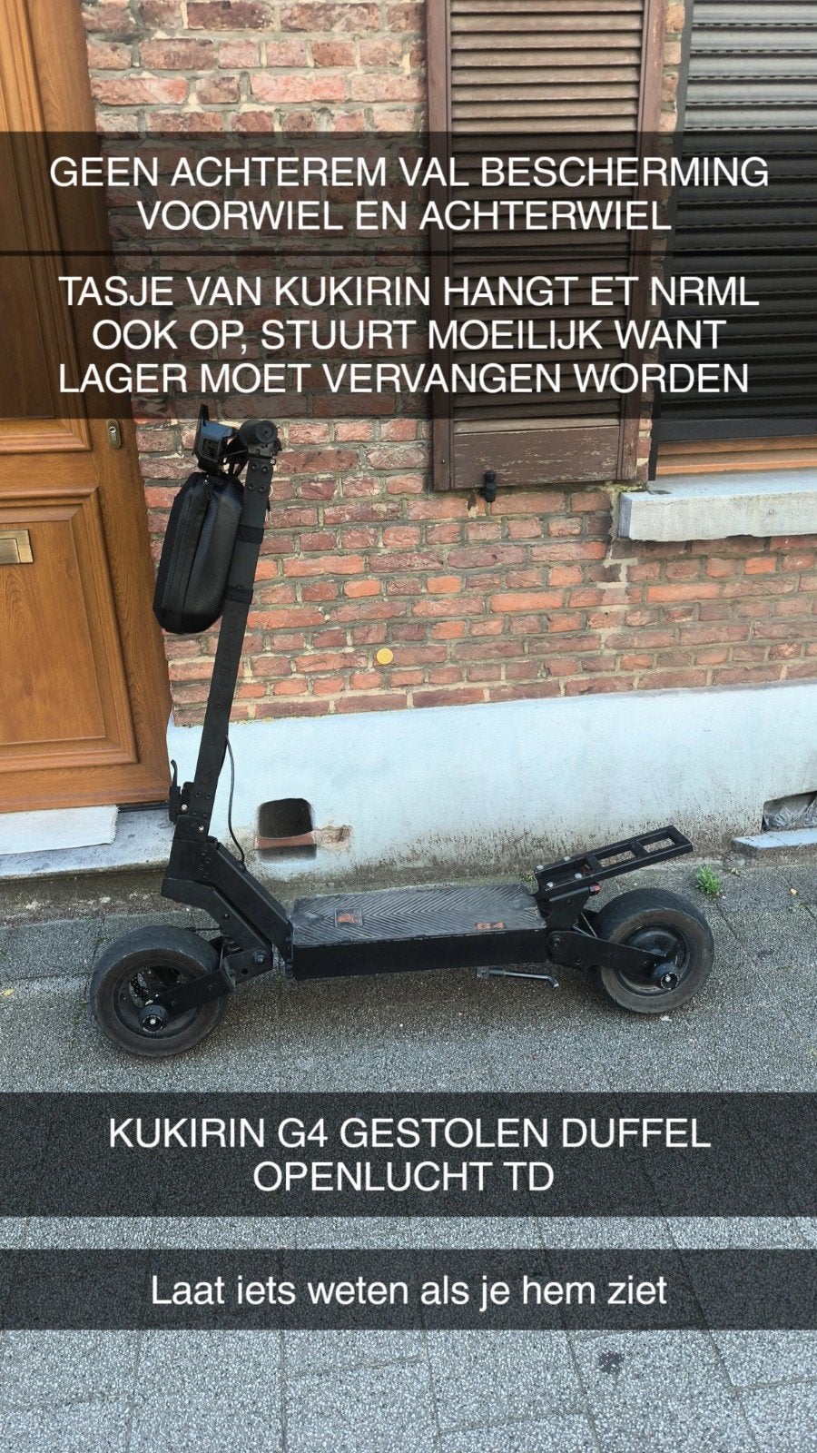 KUKIRIN G4 GESTOLEN DUFFEL OPENLUCHT TD (INFO BELOOND), Vélos & Vélomoteurs, Trottinettes, Enlèvement