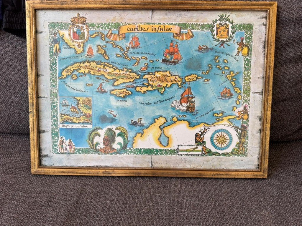 Caribes Insulae — decoratieve kaart, ingelijst, Antiek en Kunst, Kunst | Litho's en Zeefdrukken, Kaarten en plattegronden, Ingelijst