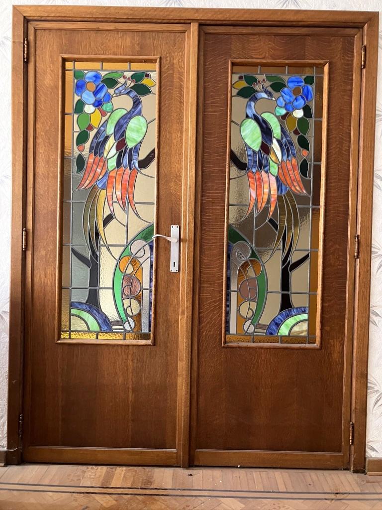 Authentieke dubbele glas-in-lood deur – art deco stijl, Doe-het-zelf en Bouw, Ophalen, Gebruikt, 120 cm of meer, Binnendeur