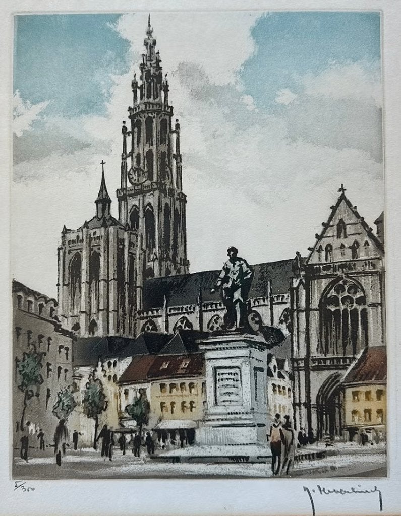 Gekleurde ets Groenplaats Antwerpen, Enlèvement, Vue urbaine, Eau-forte