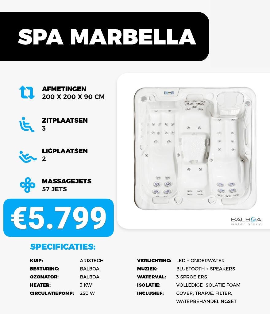 Spa Marbella – 4 pers jacuzzi – 200x200x90cm – 57 jets!, Ophalen, Nieuw, Overige typen