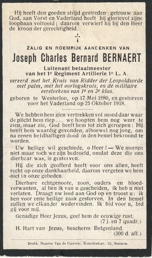 Gesneuvelde 1914-1918  Joseph Bernaert Westerloo -Adinkerke, Ophalen of Verzenden