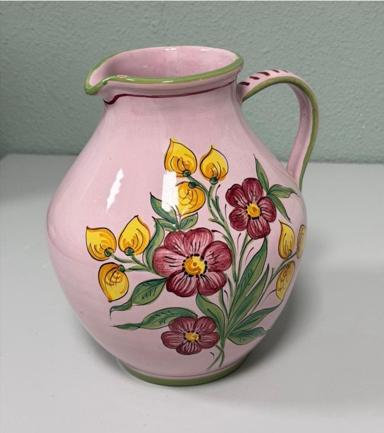 Pichet vintage en céramique peint la main floral rose GRAND, Enlèvement ou Envoi