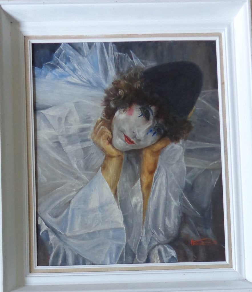 AN VYDT / PIERROT / OLIEVERF DOEK / 75x65cm / KADER / SIG, Antiquités & Art, Peinture à l'huile, Signé, Autres matériaux, Enlèvement