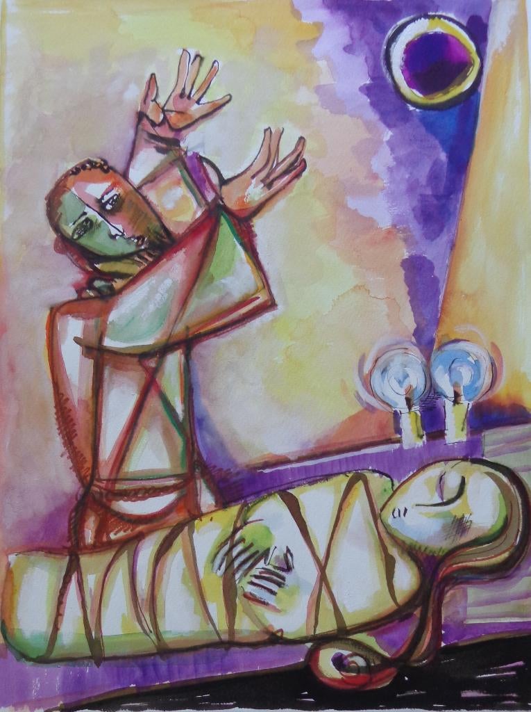 JOEL KASS / BIJBELS KOPPEL / ORIGINEEL WERK / 76x56cm, Antiquités & Art, Art | Peinture | Moderne, Enlèvement ou Envoi, Signé