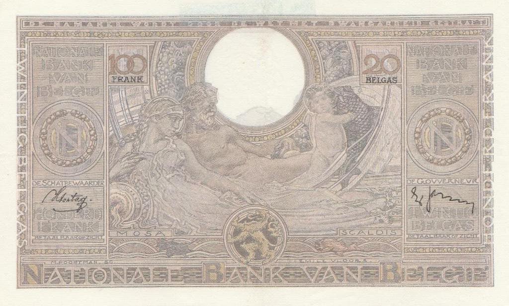 100 Frank/20 Belgas Belgie 03.12.1938, Ophalen, Los biljet