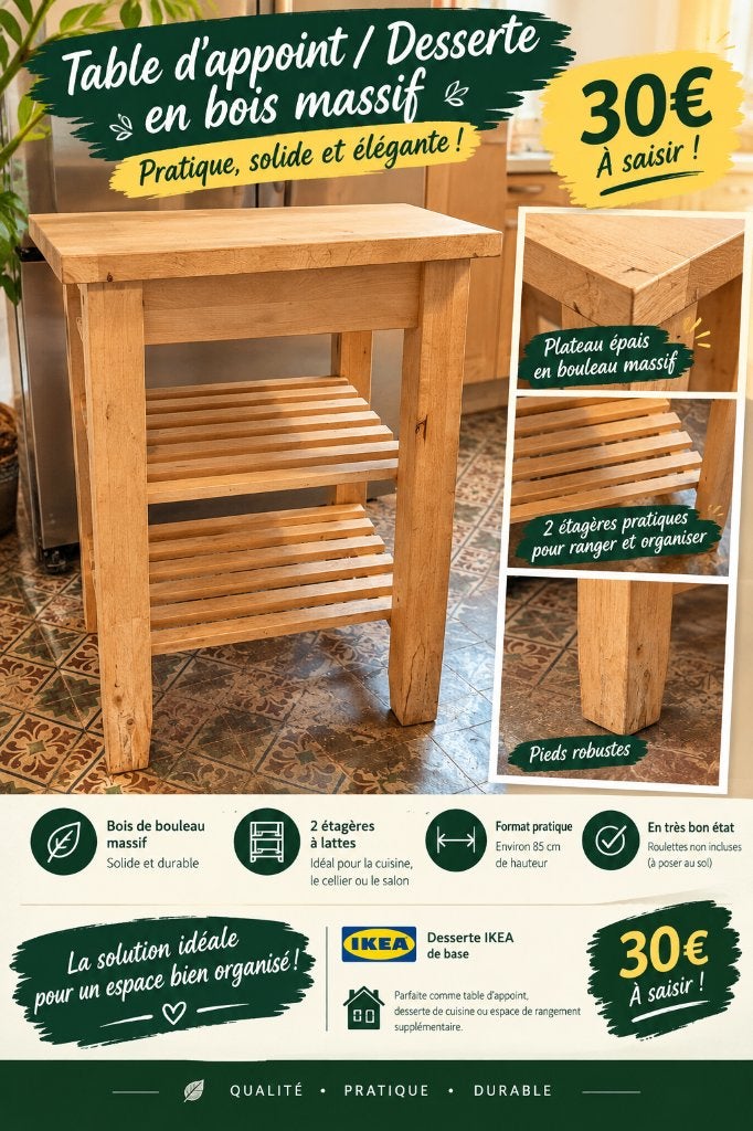 Desserte IKEA chariot bouleau massif - table d'appoint 85 cm, Maison & Meubles, 25 à 50 cm, Bois, Enlèvement, Utilisé