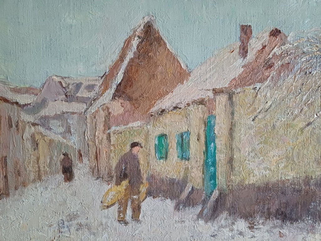 Schilderij M.VAN DEN BEMPT 30x40   "Wintertafereel", Doek, Impressionistisch, Ophalen of Verzenden, Olieverf