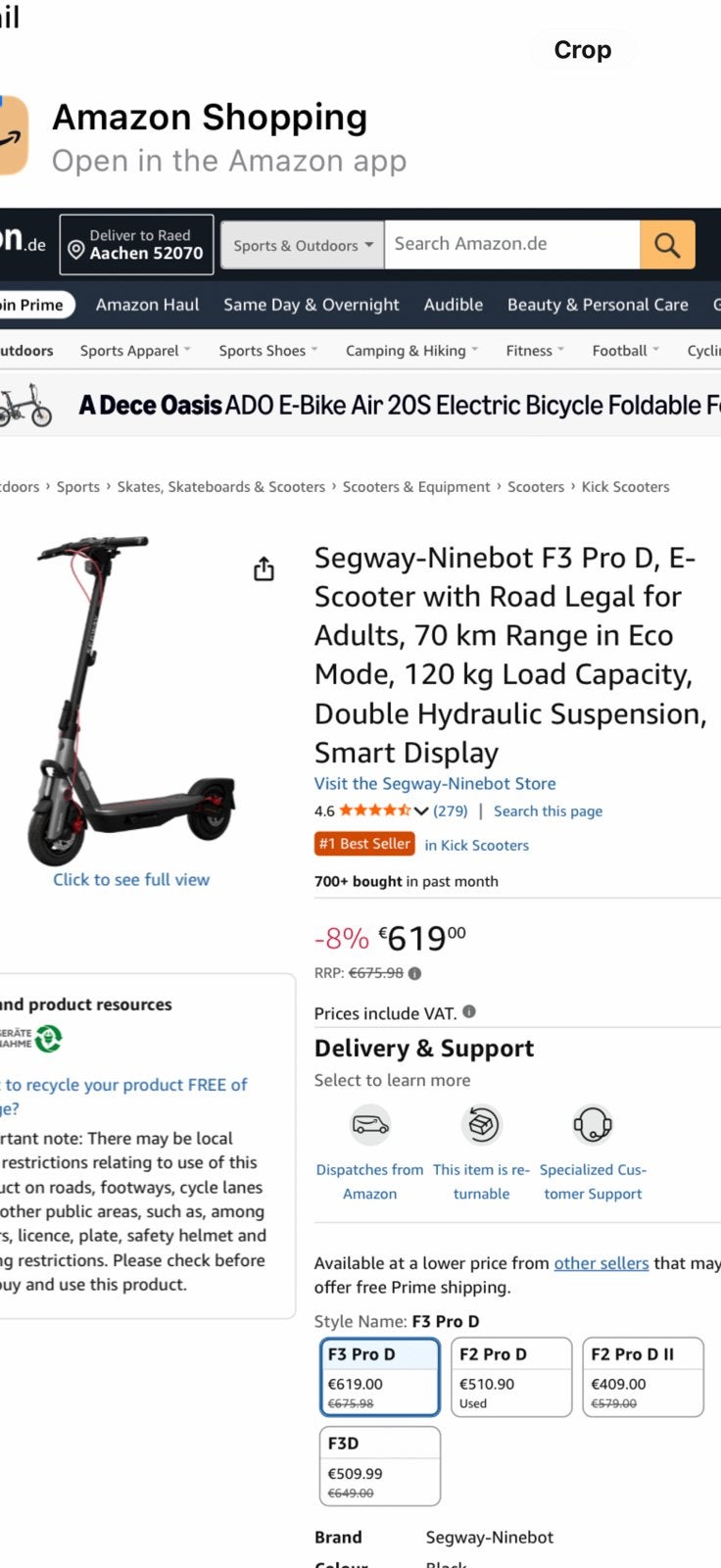 Trottinette électrique Segway-Ninebot F3 Pro D 70 km, 120 kg, Vélos & Vélomoteurs, Enlèvement, Comme neuf, Step électrique (E-scooter)